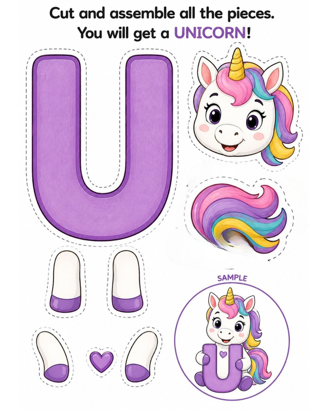 Free Letter U Unicorn craft printable with a purple U and rainbow unicorn