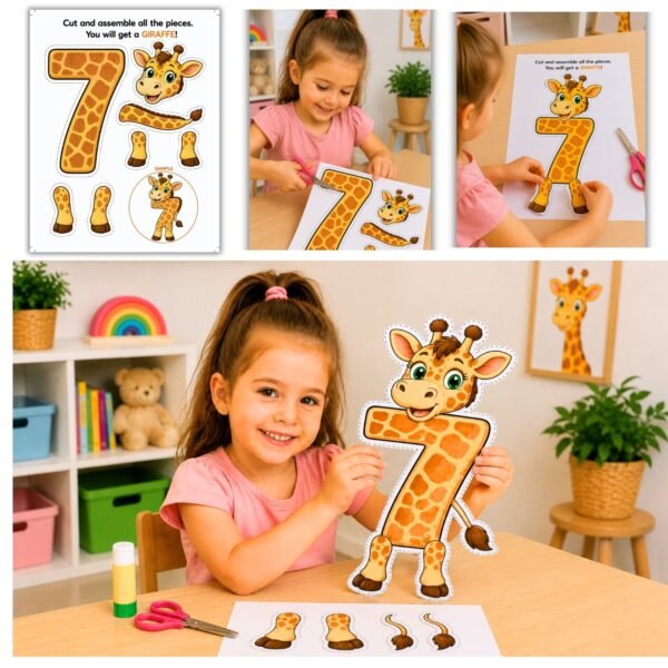 Printable number 7 giraffe craft activity for kids ages 4-5
