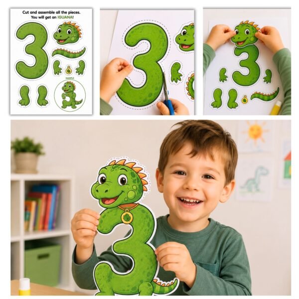 Printable number 3 iguana craft activity for kids ages 4-5