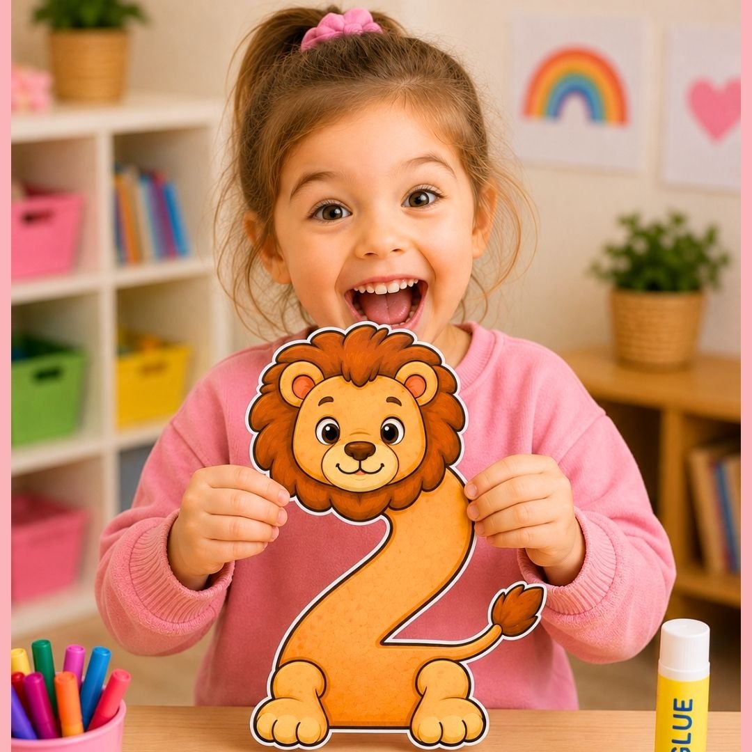 Girl holding a finished lion number 2 craft made from a free printable