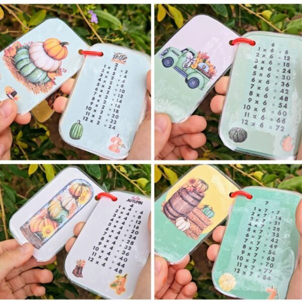 Multiplication flashcards keychain with fall designs for kids