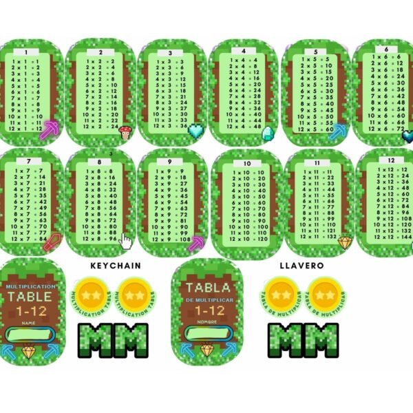 Printable multiplication tables 1–12 keychain with English and Spanish covers