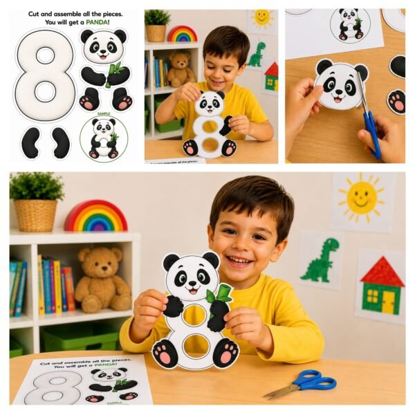 Printable number 8 panda craft activity for kids ages 4-5