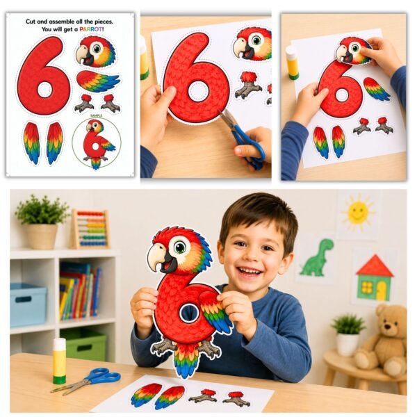 Printable number 6 parrot craft activity for kids ages 4-5