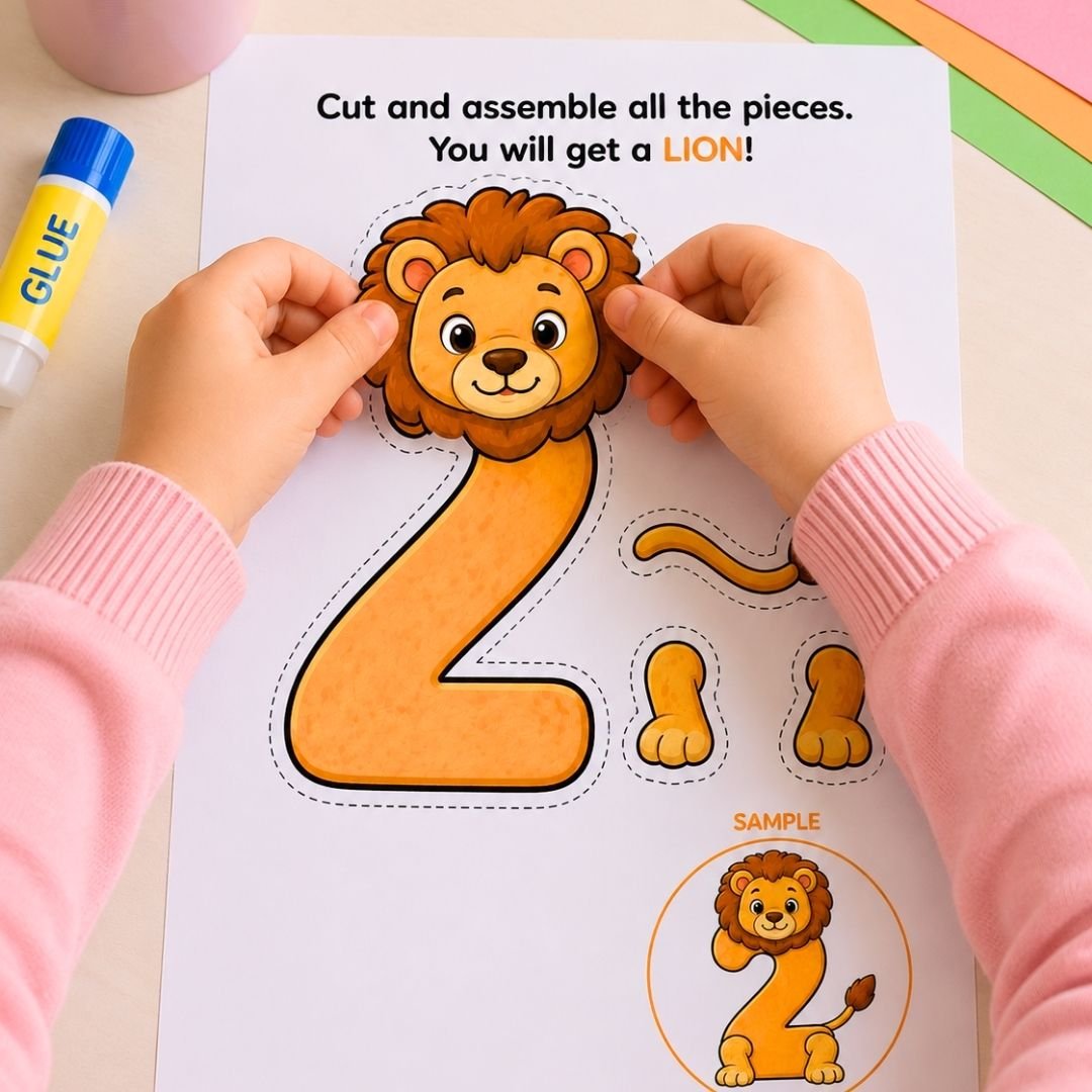 Child gluing a lion head onto a number 2 craft
