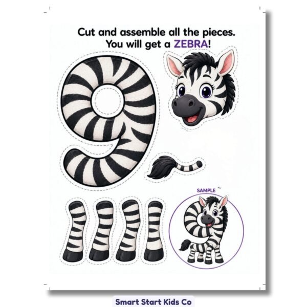 Printable number 9 zebra craft activity for kids ages 4-5