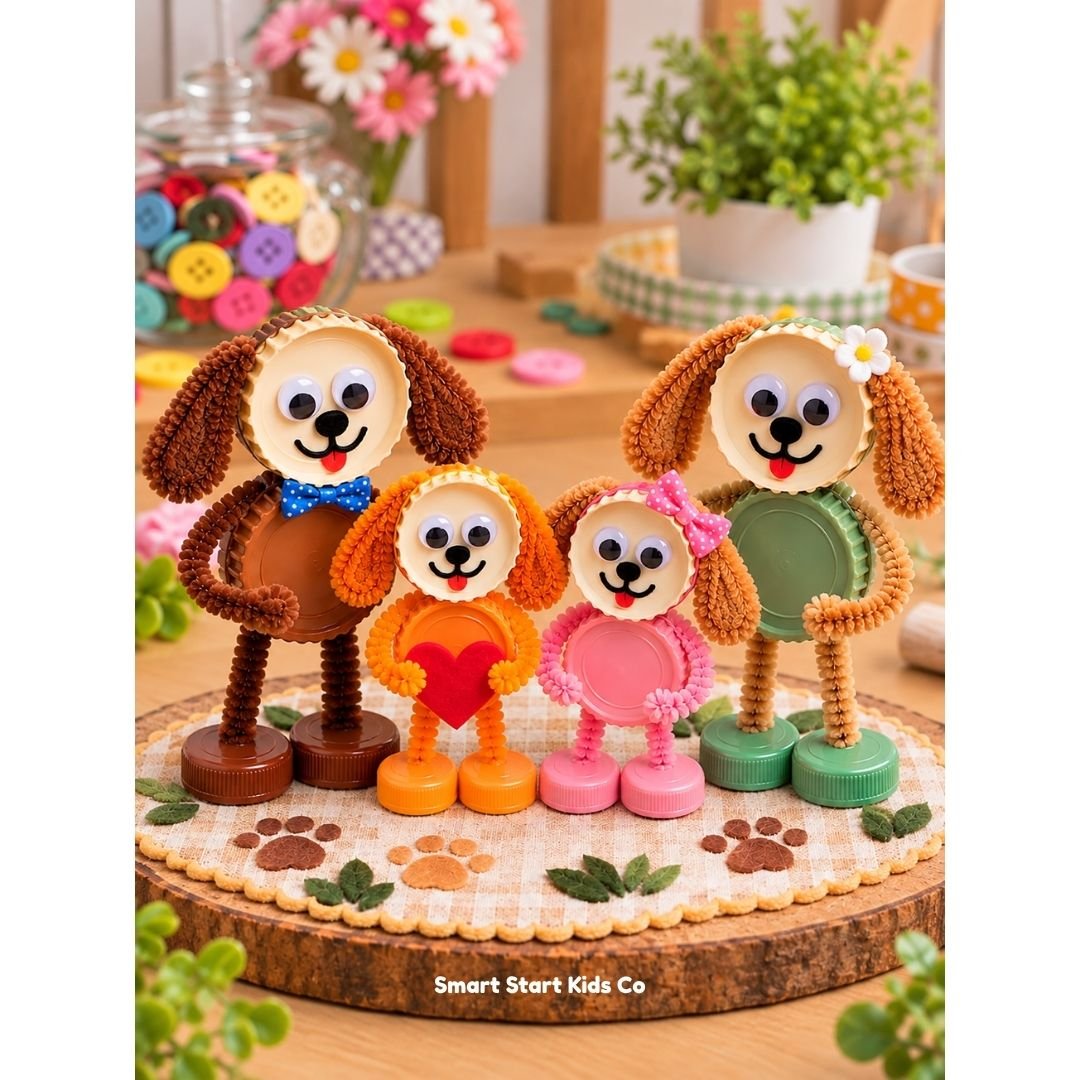 Four colorful handmade dog figures made from recycled plastic bottle caps and chenille stems.